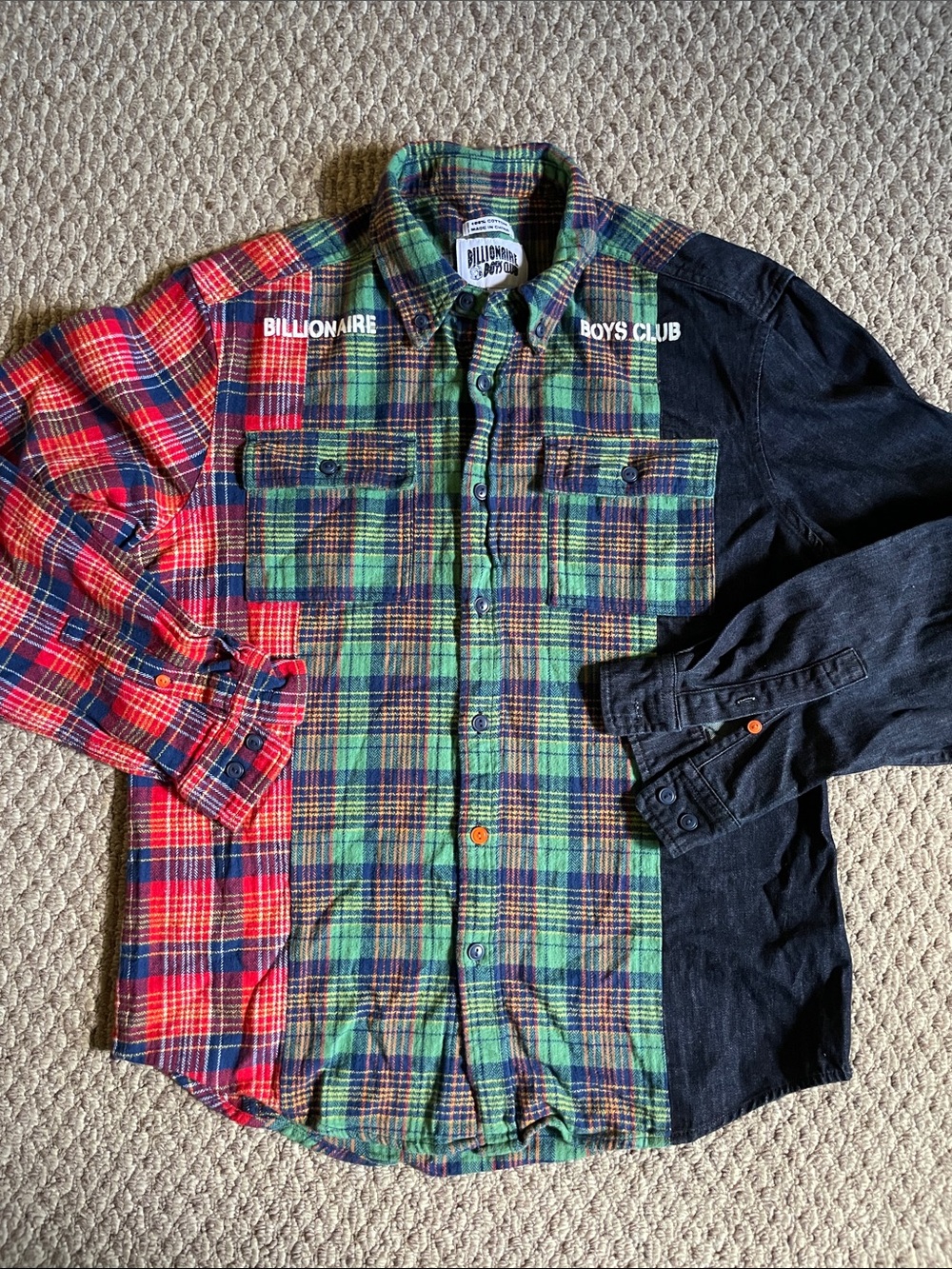 Billionaire Boys club button up mixed material flannel denim shirt